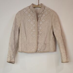 Prada Italian Jacket Linen Cotton Neutral Short Quilted Embroidered No Tags